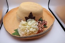 Peachy Straw Hat with White and Pink Fowers/Beige Ribbon Never Worn Larger