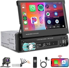 Single 1DIN 7" Flip Car Radio Stereo Wireless Carplay Android Auto BT + Camera