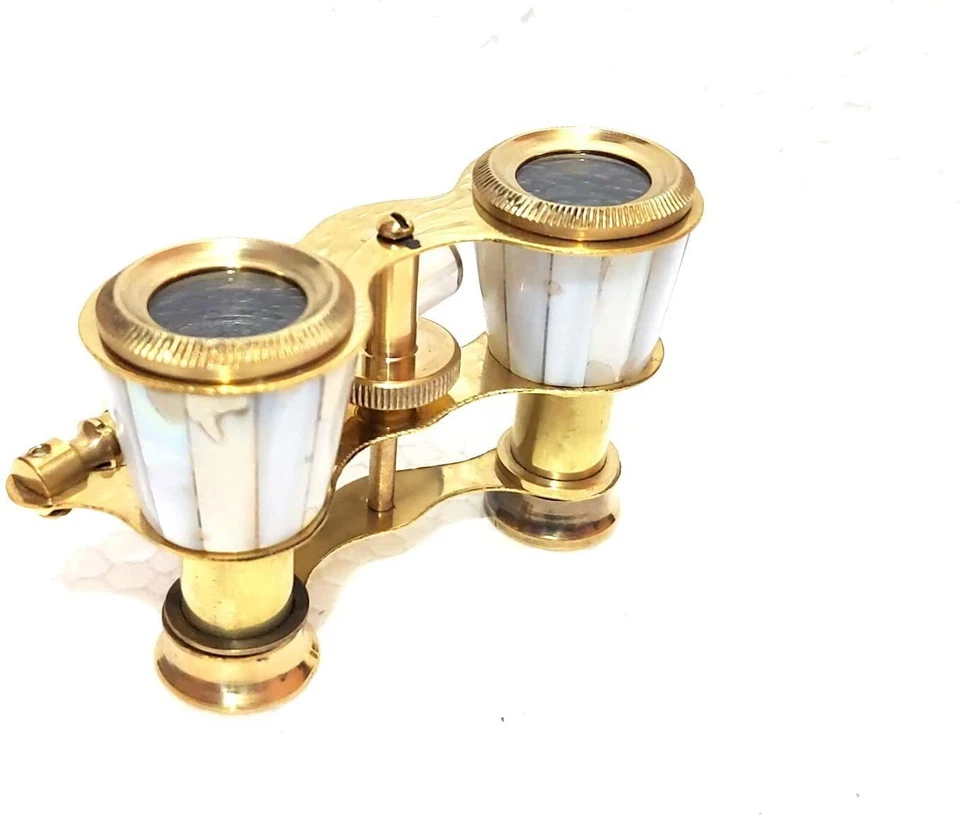 Antique Brass Made Binocular Telescope with Handle Golden and White Color Travel - Image 3 of 4