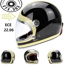 F656 Full Face Vintage Motorcycle Fiberglass Retro Crash Lid Helmet Black/White