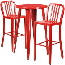 24'' Round Red Metal Indoor-Outdoor Restaurant Bar Table Set with 2  Barstools