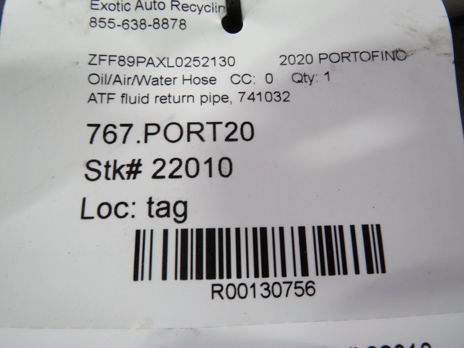 Ferrari Portofino, ATF Fluid Return Pipe, Used, P/N 741032