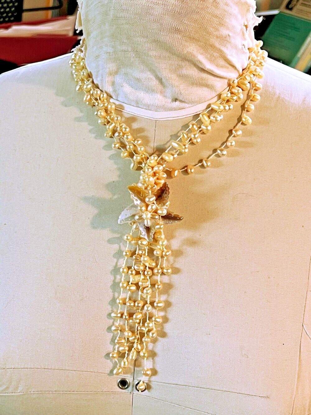UNIQUE SEED PEARL SHELL MULTISTRAND NECKLACE STAR… - image 1