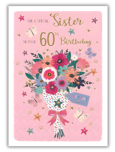 Birthday Card SISTER 60th 60. 9"" Card *Gold foiling, and paper pages inside*