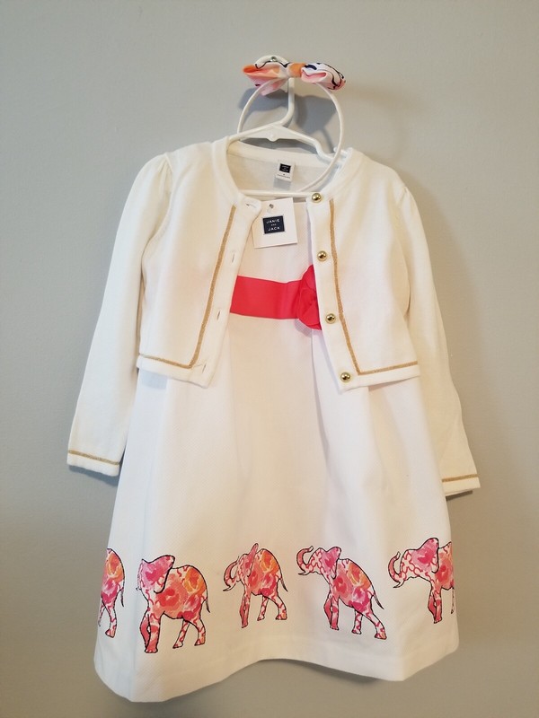 Janie and Jack Watercolor Oasis Elephant Dress, Sweater & hair bow size 2/3 EUC
