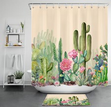 Succulent Green Cactus Pink Floral Beige Shower Curtain Bathroom Accessories Set