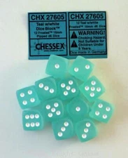 Chessex Dice d6 Sets 16mm Frosted Teal w/ White Six Sided Die 12 Set CHX 27605