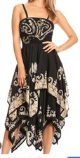Sakkas Batik Smocked Bodice Handkerchief Hem Black Tan Dress One Size