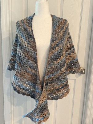 New Handmade Crochet Triangle Shawl Variegated Blue Brown Tan Lacy Knit Wrap