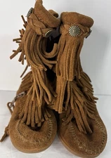 Minnetonka Womens Brown Suede Tier Fringe Pull-On Moccasin Boots Size US 9