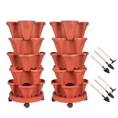 2x5 Tier Stackable Planters Vertical Planter Garden Tower Pots - Red