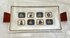Mid Century Modern Nautical theme Glass N Wood Serving Tray Blue N Gold 16” X 7”