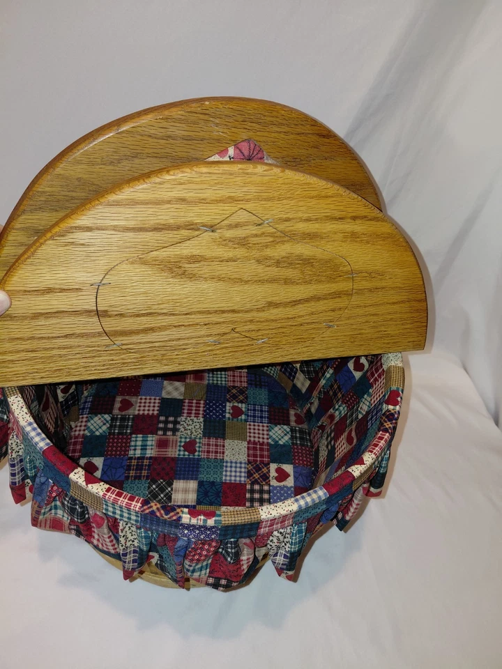 Vintage Oak Farmhouse Sewing Picnic Apple Barrel Wicker Basket Flip Open Fabric - Image 2 of 4