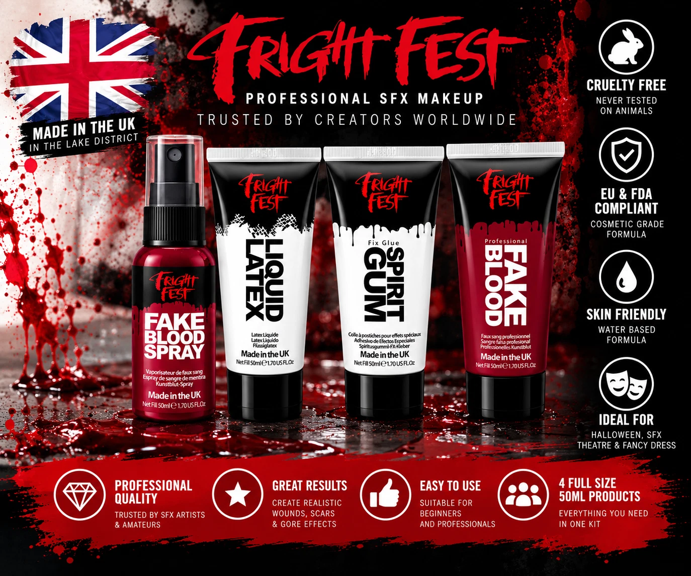 Fright Fest Halloween SFX Makeup Kit with Fake Blood Spray Liquid Latex Spirit Gum and Fake Blood
