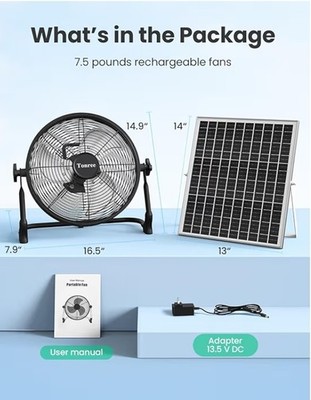 HEAVY DUTY 14'' Portable Solar Operated Fan Recharge Hi-Velocity WE SHIP OVERSEAS