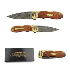 8"" Steampunk Style Damascus Pattern Blade Spine Lock Folding Knife w/ Giftbox