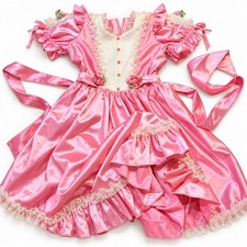 Vintage Pink Satin Ruffle Party Dress Girls Size 10 Victorian Pageant Lace Roses