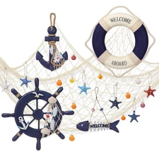 Marsui 11 Pcs Wooden Nautical Wall Decor Fishing Net Decoration, Include Deco...