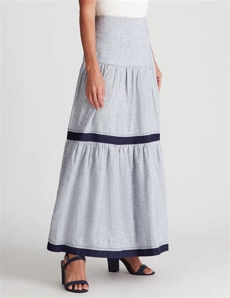 NONI-B Blue White Linen-Look Maxi SKIRT Size Aus 10 Tiered Navy Lace Long Boho