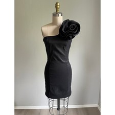 Vintage Y2K Arden B Bodycon Dress Small Black Stretchy Rosette One Shouldered