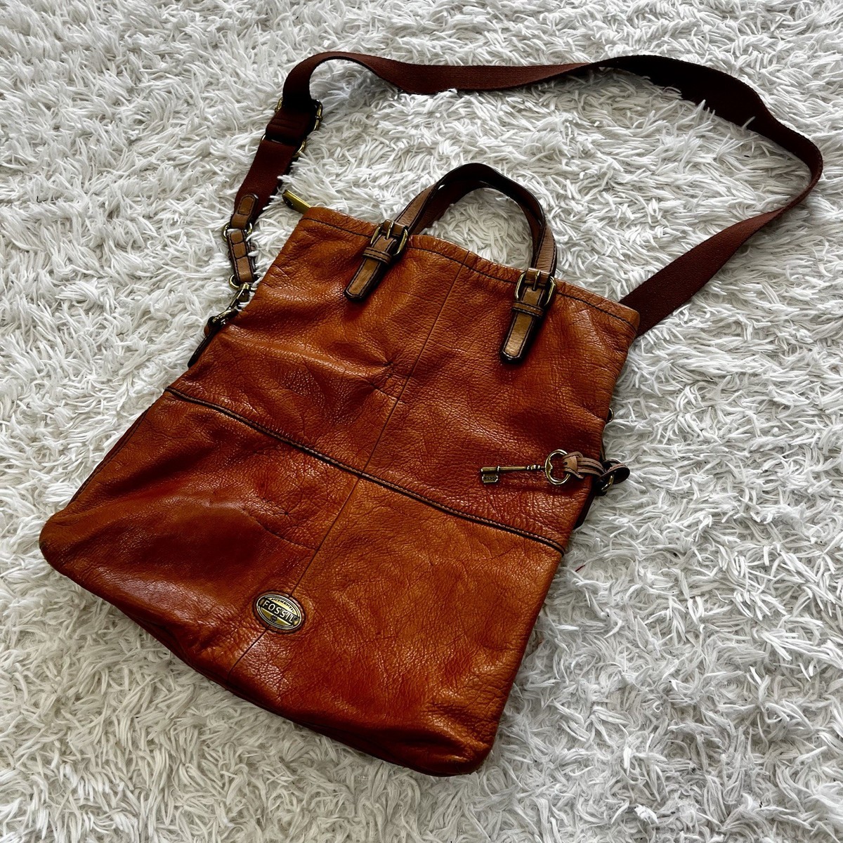 Fossil Explorer XL Orange Leather Fold Over Crossbody Hobo Tote
