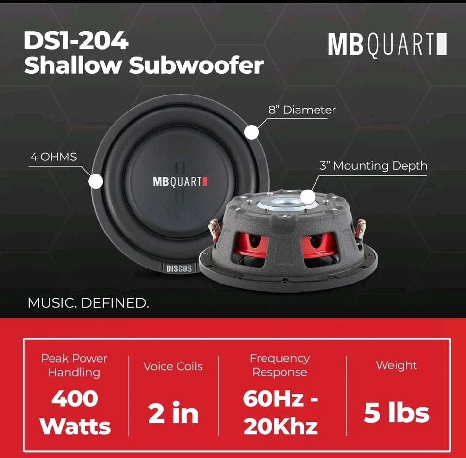 MB Quart DS1-204 400 vatios 8 pulgadas poco profundo delgado DVC 4 ohmios coche sub, altavoz único Foto 2 de 4