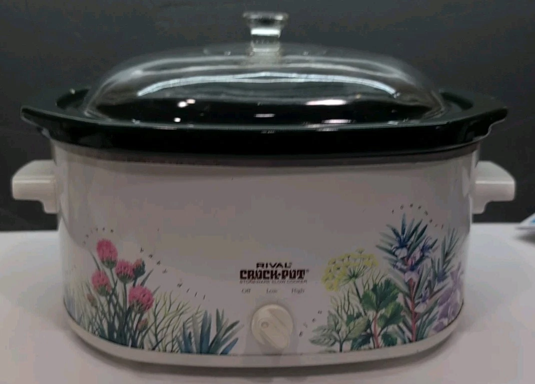 Rival Oval Crock Pot Slow-Cooker Stoneware 5.5 qt. Floral Herbs Spices Vintage