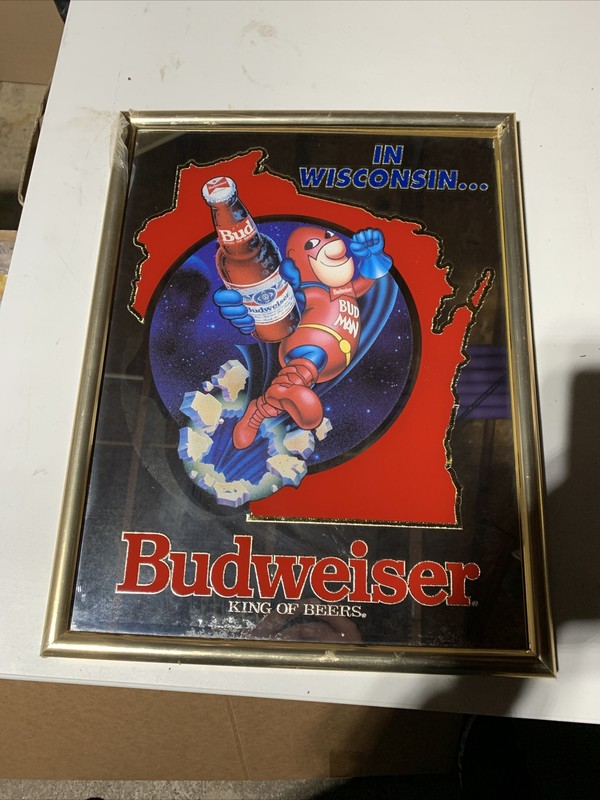 NOS Vintage Budweiser Beer Flying Bud Man Wisconsin Mirror Bar Budman Sign 1991