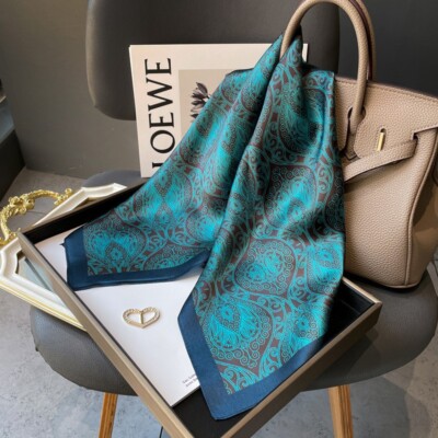 100% Mulberry Silk 27'' Square Scarf Women Neckerchief Wrap Black Blue Paisley