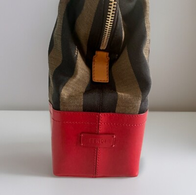 Fendi 2bag Tobacco Pequin Striped Canvas Red Leather bottom Rare