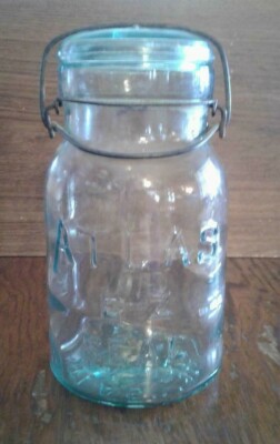 Vintage ATLAS E-Z Seal Blue Glass Mason Quart Canning Jar, Antique Wire  Bail
