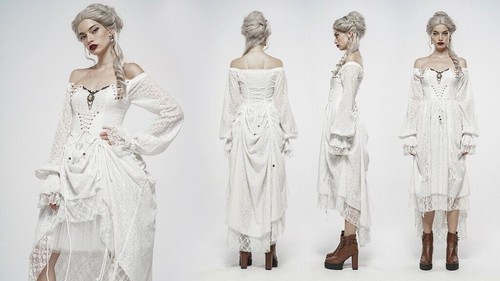 PUNK RAVE Women Goth Vintage Cotton Lace Mesh Slim Fit Lantern Sleeve Long Dress - Picture 4 of 29