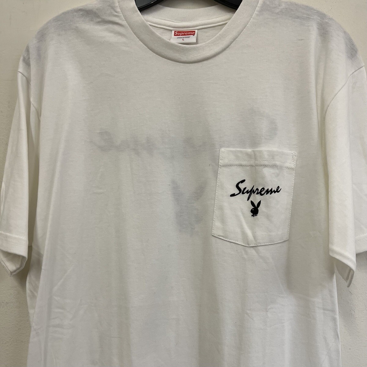PRE OWNED SUPREME PLAYBOY POCKET TEE WHITE SZ L | eBay