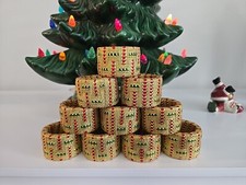 10 Christmas Napkin Rings Red Green Gold Weaved Striped Fabric Ribbon Wrapped