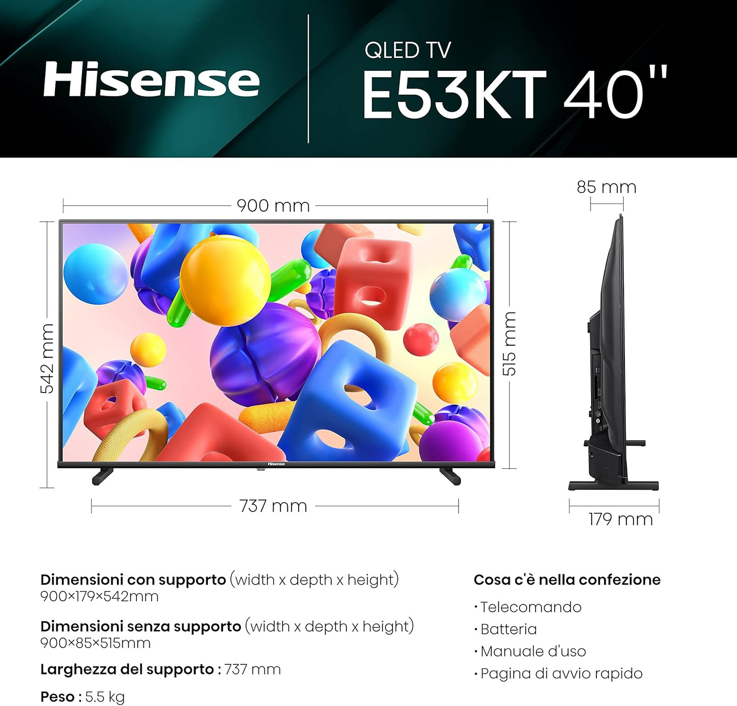 40" QLED FULL HD 40E53KQT, Smart TV VIDAA U6 FHD, Game Mode, USB Type-C, Control foto 2