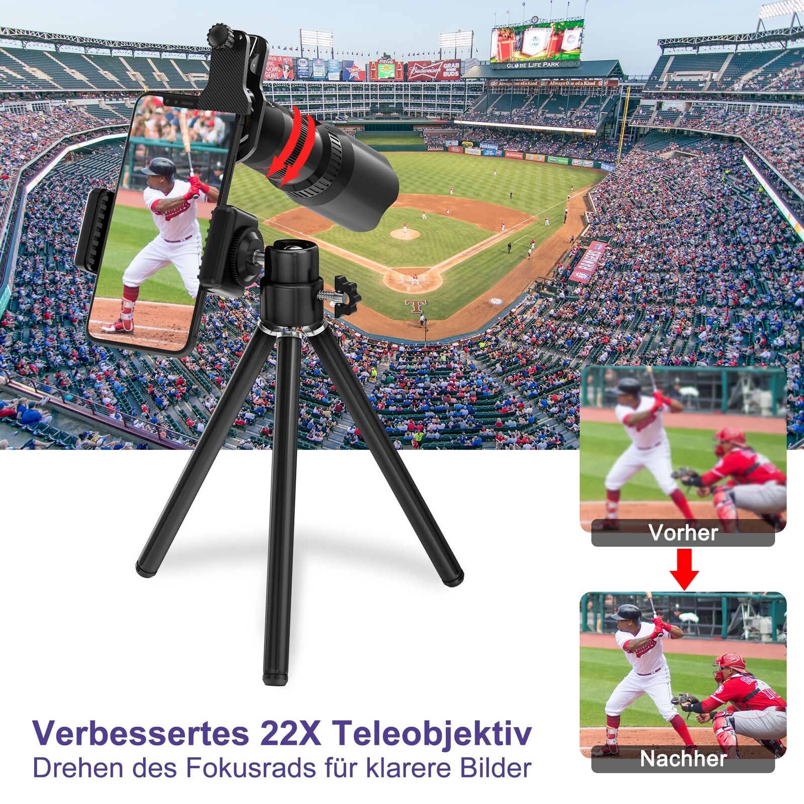 Handy Objektiv Linse Kit Lens Set 22X Teleobjektiv, 25X Makro Objektiv Stativ
