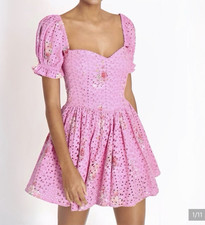 LoveShackFancy Pink Floral Eyelet Smocked Puff Sleeve Mini Dress Sweetheart S