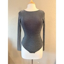 Metallic Silver Bodysuit Open Back Long Sleeve Disco Y2K