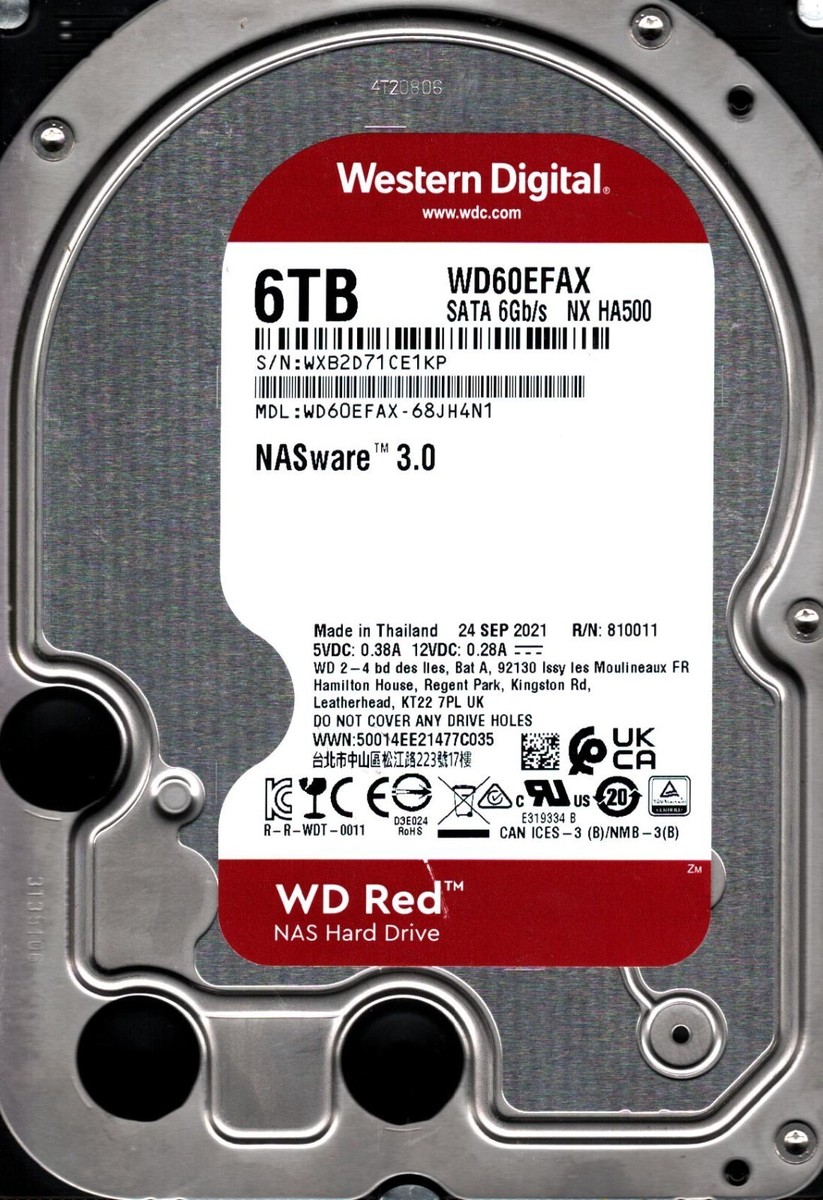 WD60EFAX-68JH4N1 S/N: WXB2D WESTERN DIGITAL 6TB THAILAND SEP 2021