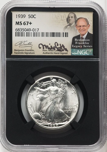 1939 50C Walking Liberty Half Dollar NGC MS67+ Mike Castle Hand Signed Rarity