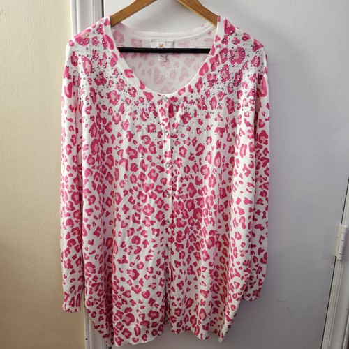 Quacker Factory Womens Button Up Knit Cardigan Size 3X Plus Pink Bedazzled Work