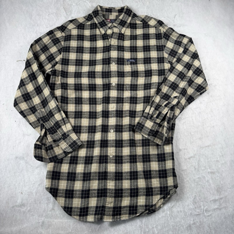 Vintage Chaps Ralph Lauren Plaid Flannel Shirt Mens S/P Beige Black Button