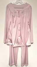 Vintage Shadowline Size 40 Pink Pajama Set Long Sleeve Embroidered  Warm USA