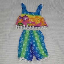 Vintage Multicolor Fish Print Top  Pants 6M baby girl Outfit with Pom Pom Trim
