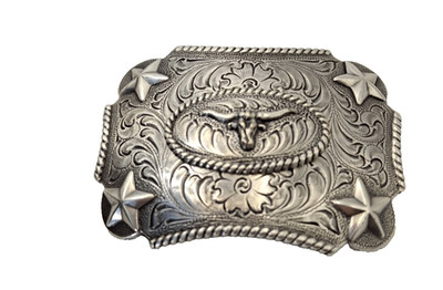 Nocona Silver Tone Texas Longhorn Belt Buckle Stars Westerncore flower Unisex
