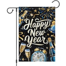 Happy New Year Garden Flag 12x18 Inch Double Sided Burlap Firework Champagne