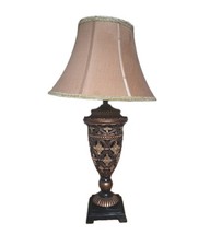 Antiqued Wooden Brown Accent Table Lamp with a linen shade. READ DESCRIPTION 