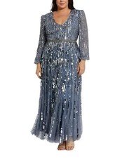 Mac Duggal Slate Blue Long Sleeve Beaded Crystal Deep V Neck Gown Size 18 $698