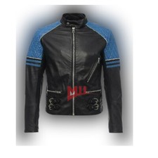 Handmade Men's Black With Blue Shoulder Genuine Lambskin Pure Leather Jacket