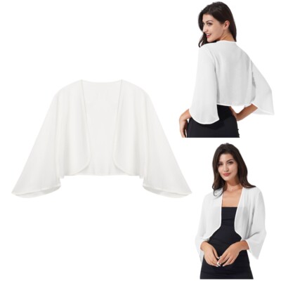 Women Chiffon Solid Bolero Shrug Jackets Open Front 3/4Sleeves Cropped Cardigan